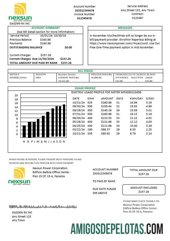 em branco Panamá Nexsun Power Corporation Eletricidade Business Utility Bill Word e modelo PDF